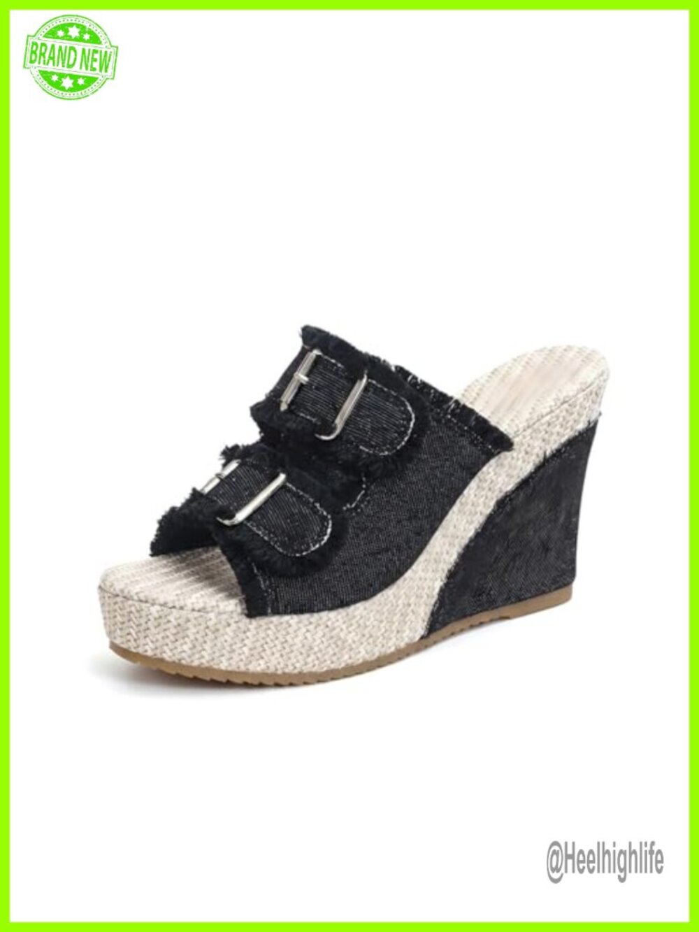 Women's Denim Wedge Sandals Buckle Slide Espadrille Platform Heeled Mules